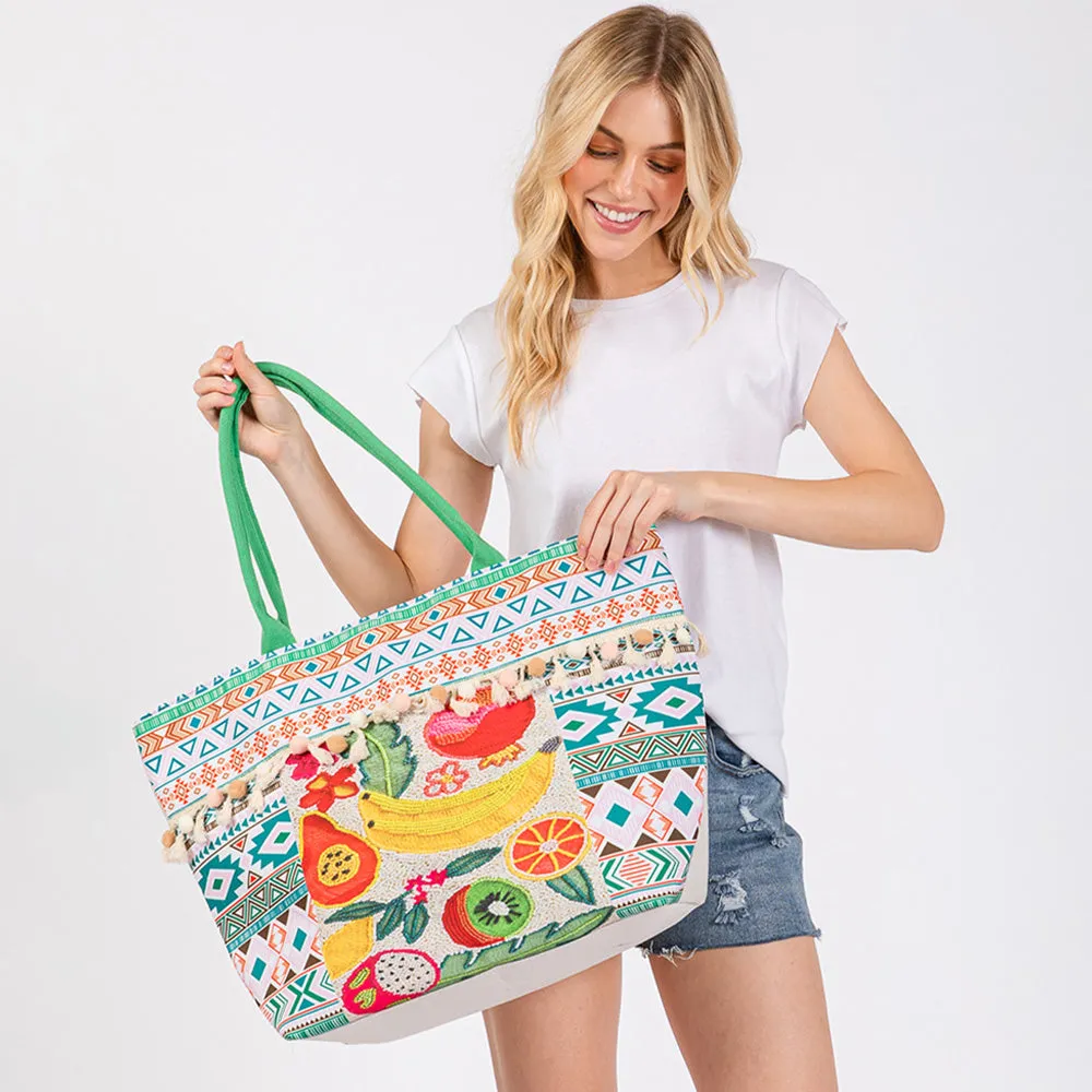 iLLASPARKZ Fruit Boho Print Pom Pom Fringe Tote Bag