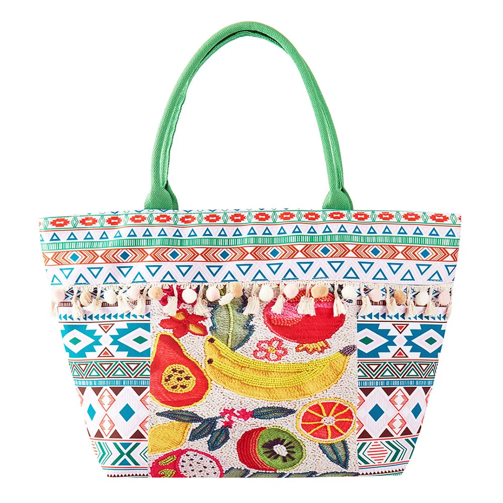 iLLASPARKZ Fruit Boho Print Pom Pom Fringe Tote Bag