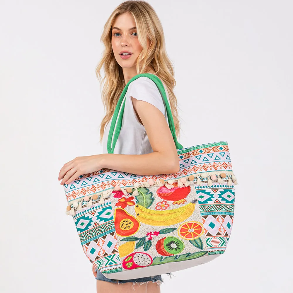 iLLASPARKZ Fruit Boho Print Pom Pom Fringe Tote Bag
