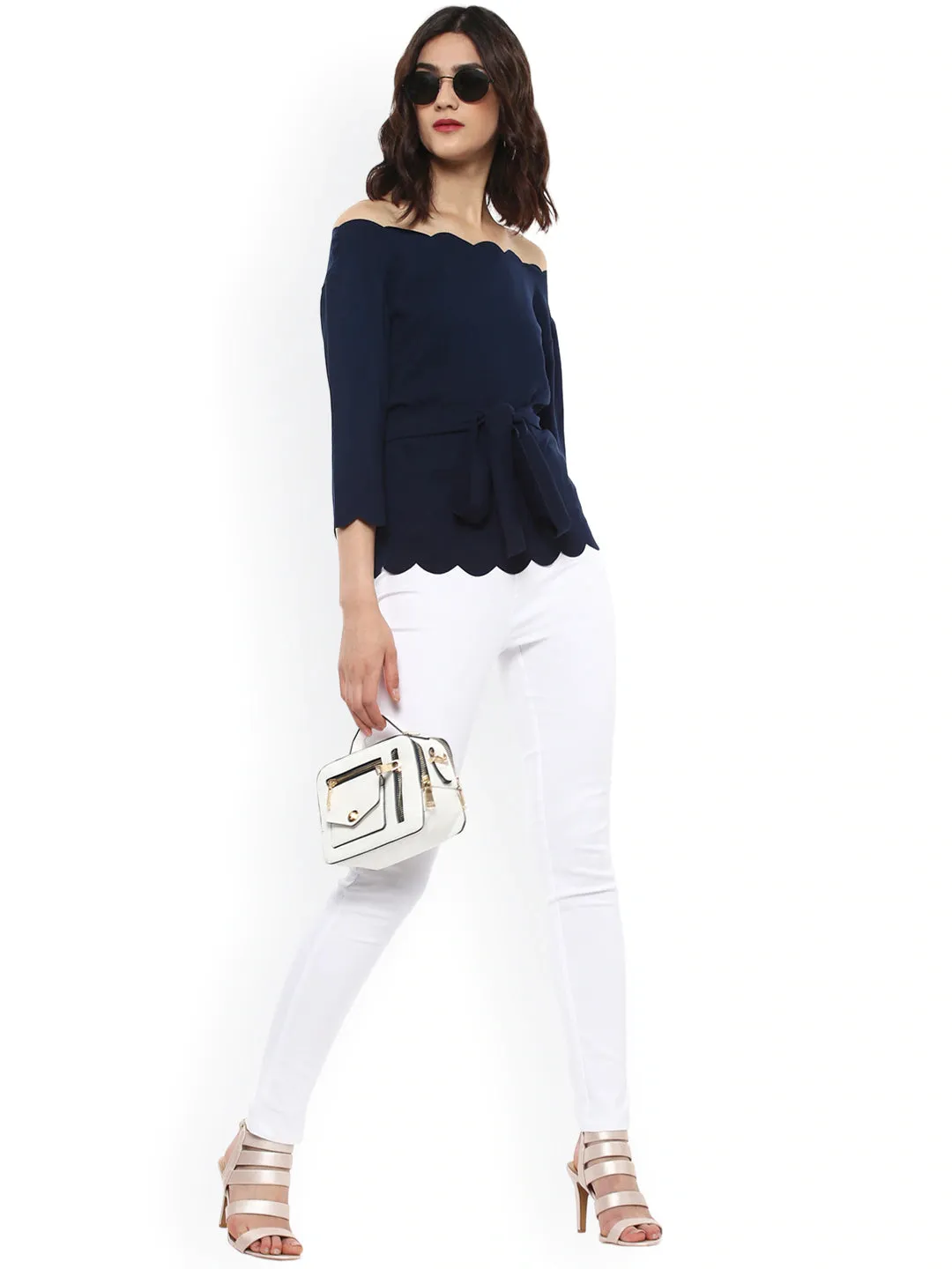 Navy Off Shoulder Scalloped Top